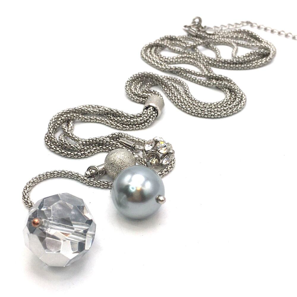 Lia Sophia Celestial Silver Tone Disco Ball Faux Pearl Orb Tassel Necklace